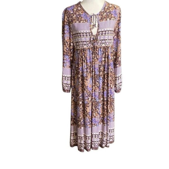 R Vivimos Dress Brown Purple Floral Boho Peasant Bead Tie Rayon Midi Size Small - Picture 1 of 7
